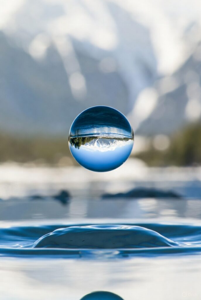 Gota de agua en equilibrio perfecto reflejando un paisaje, simbolizando la mente enfocada y serena.