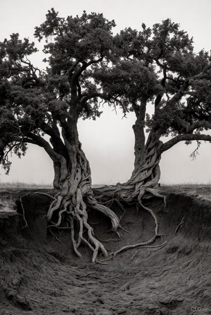 "Dos árboles con raíces entrelazadas bajo tierra árida, simbolizando el amor verdadero que crece en la adversidad."