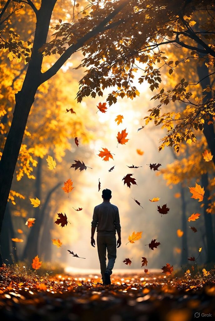 Persona caminando entre árboles otoñales, simbolizando la ley de causa y efecto