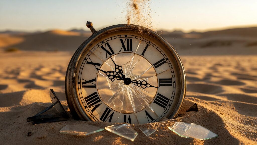 Reloj roto sobre arena simbolizando el paso del tiempo y la urgencia de actuar.