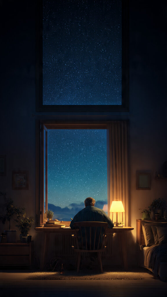  "Persona sentada en un escritorio bajo la luz de una lámpara, mirando por la ventana hacia un cielo estrellado, simbolizando la reflexión nocturna y la conexión interior."
