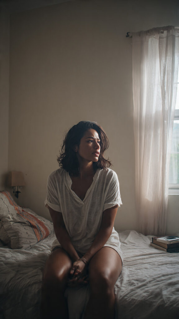 Mujer en habitación ordenada con expresión ambigua entre paz y tristeza, representando la soledad como posible miedo al fracaso amoroso