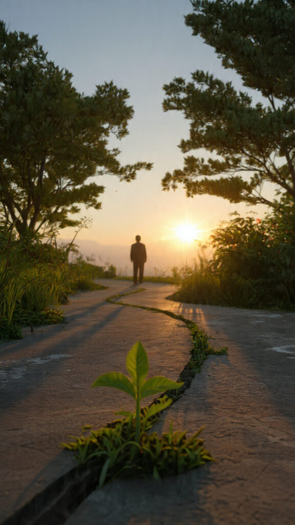  "Persona caminando hacia el amanecer con una planta brotando de una grieta en el camino, simbolizando el renacimiento tras el fracaso."