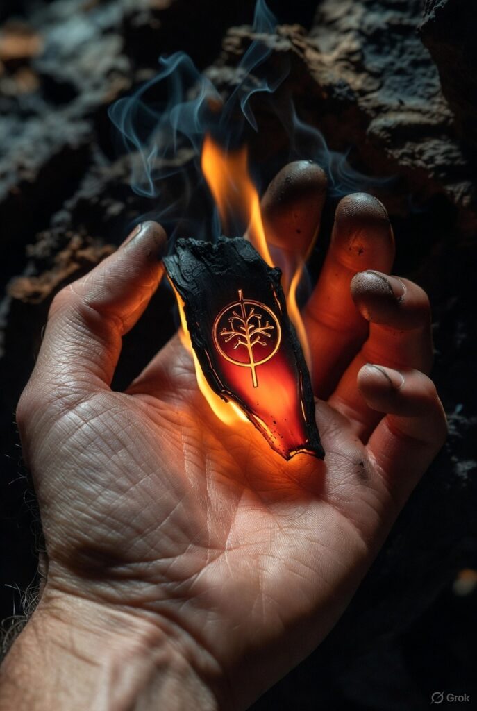 Mano resistiendo llamas con calma, simbolizando fortaleza estoica frente a la adversidad y el poder de la resiliencia interior