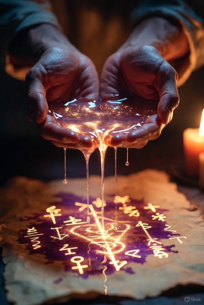Manos convirtiendo lágrimas en tinta luminosa que escribe sabiduría sobre un pergamino antiguo.