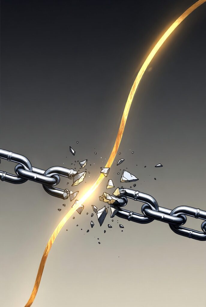 Cadena rota transformándose en un hilo de luz dorada.
