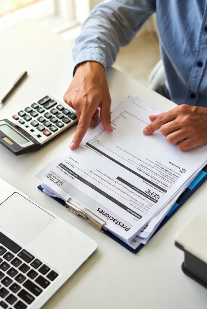 Manos organizando documentos de prestaciones y subsidios junto a una calculadora.